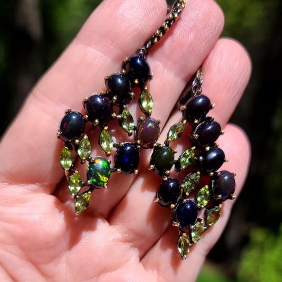 Black Opal & Peridot sterling & Rhodium chandelier earrings - Picture 3 of 13